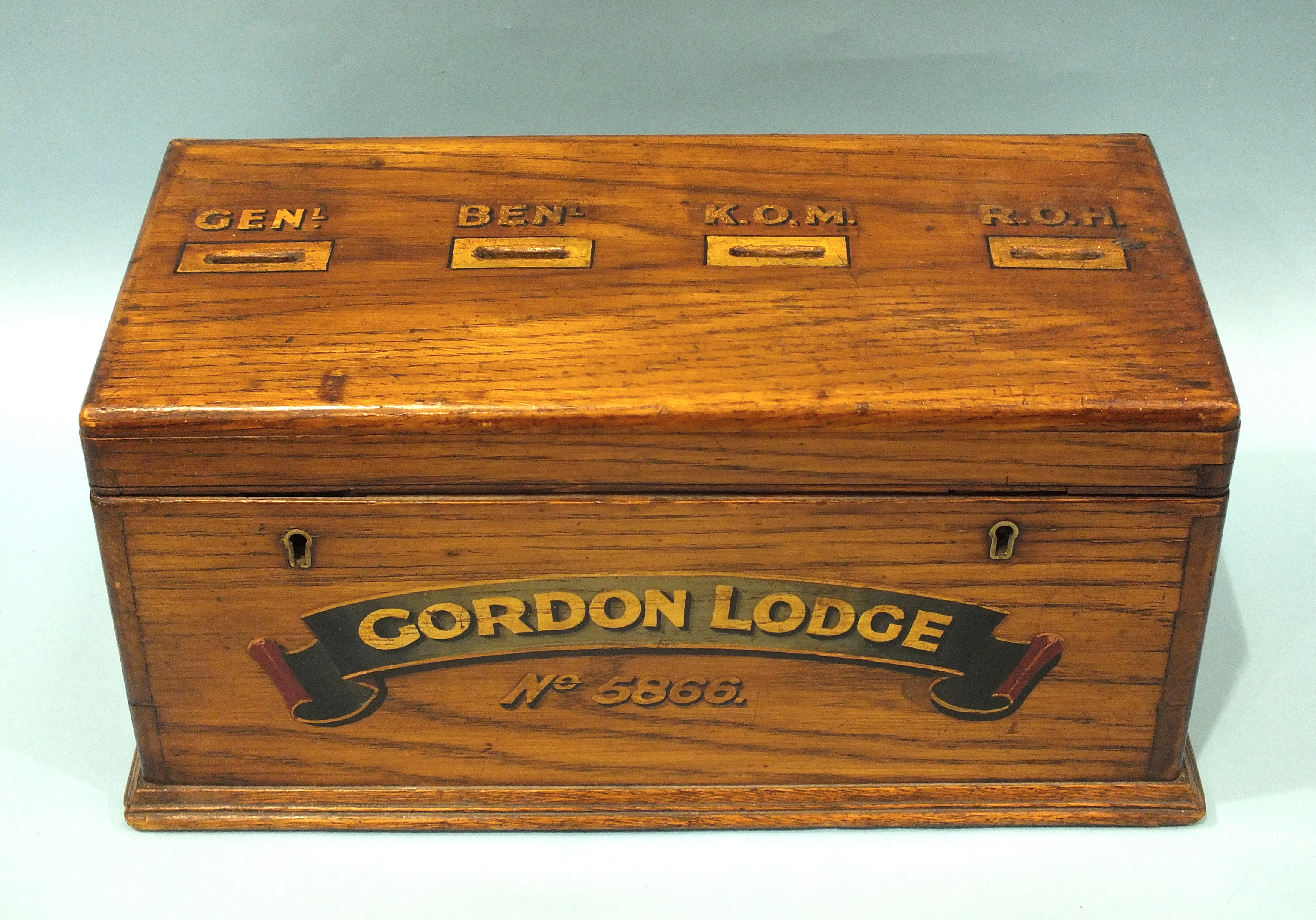 An oak ballot box of Masonic interest, 'Gordon Lodge No.5866', 41cm.