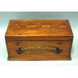 An oak ballot box of Masonic interest, 'Gordon Lodge No.5866', 41cm.