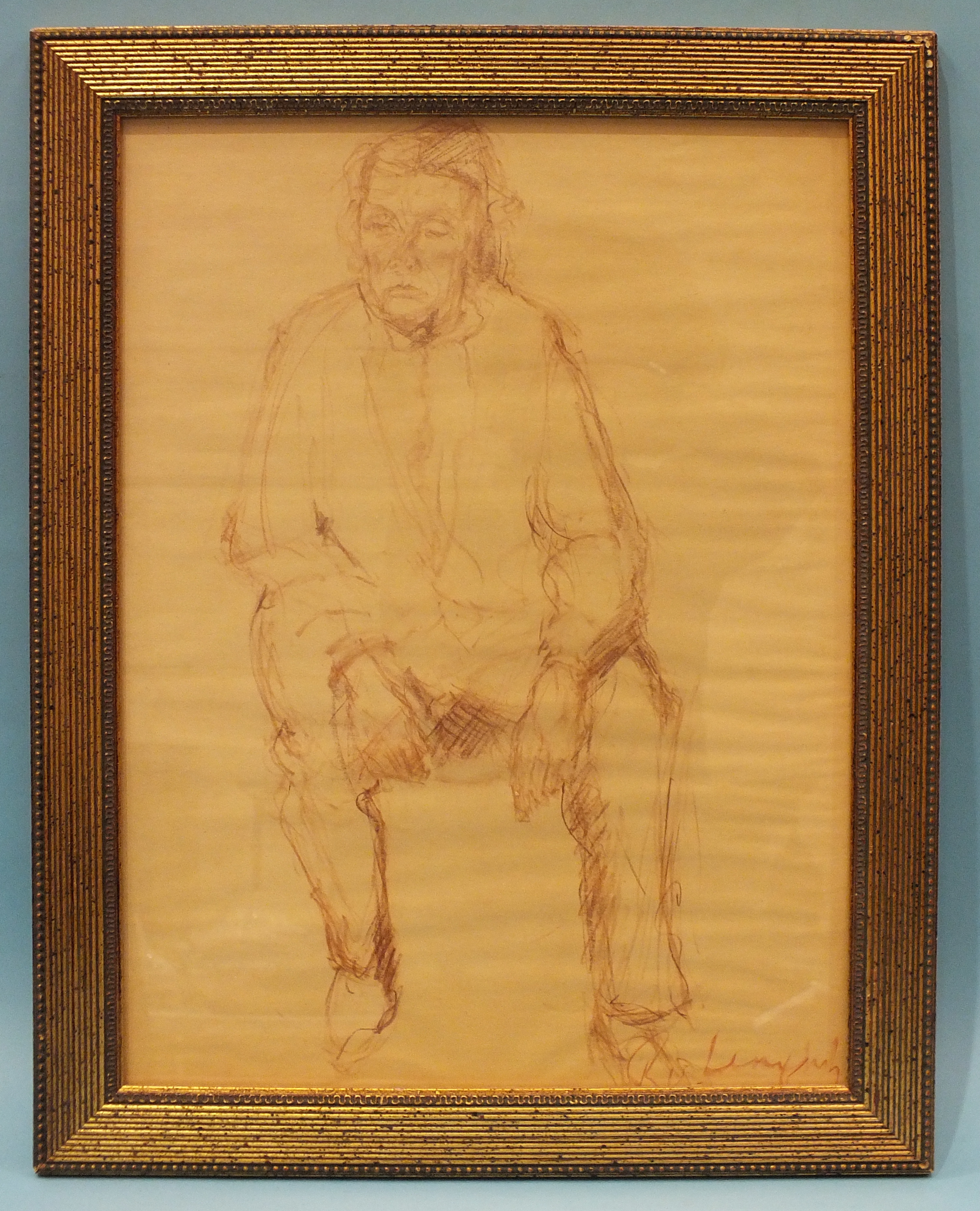 •Robert Oscar Lenkiewicz, (British, 1941-2002) STUDY OF A WOMAN, SEATED Crayon, signed on buff - Image 2 of 3