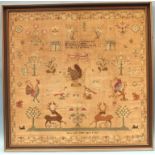A large needlework sampler by Mary Ann Lodge, age 9, 1837, decorated overall with birds and animals,