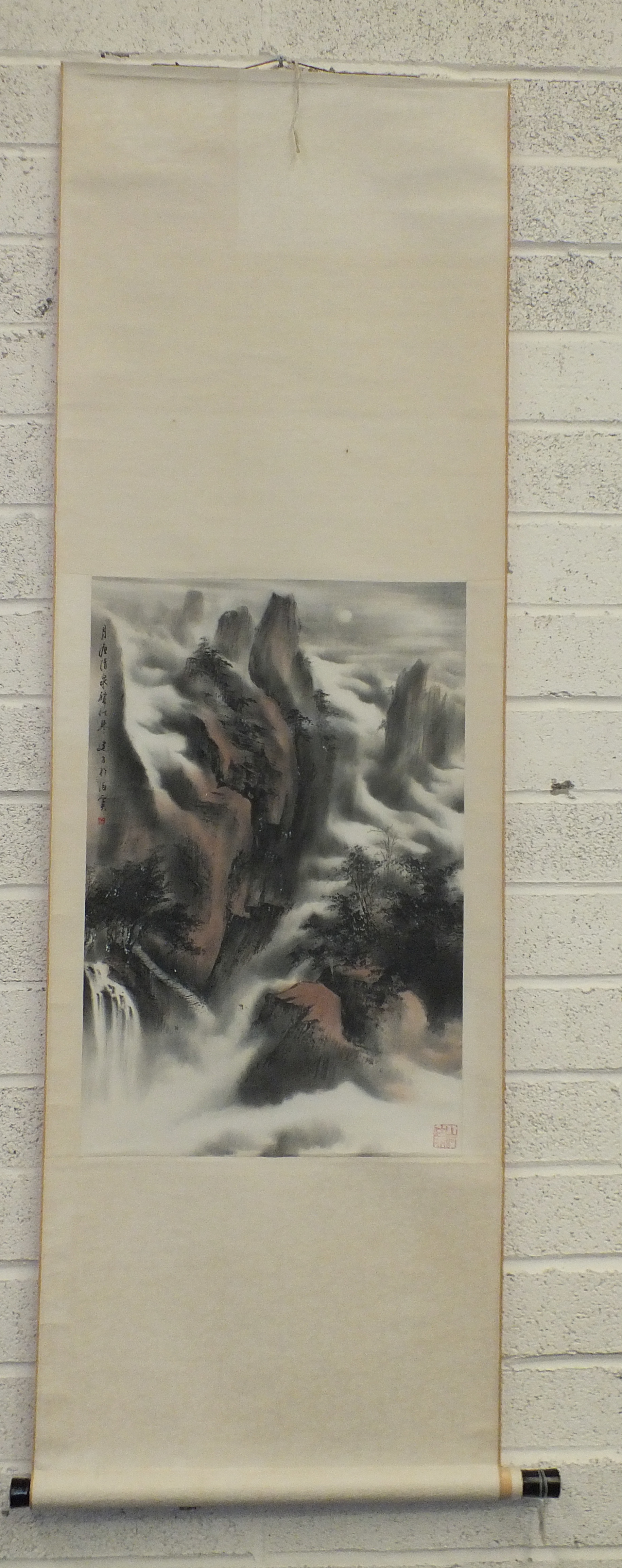 Three Japanese watercolours of landscapes in scrolls, each signed and with script images, 60 x 60cm, - Image 4 of 4