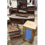 A bow-fronted marble-top wash stand, a mahogany swing dressing table mirror, a commode and other