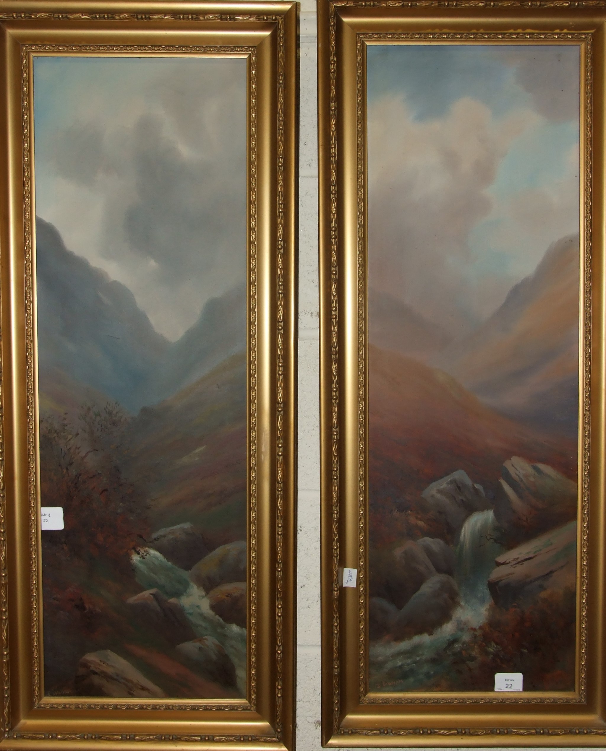 J Graham, 'Moorland Scene', a signed oil on canvas, 48 x 73cm, another pair, 'Highland Stream', 90 x