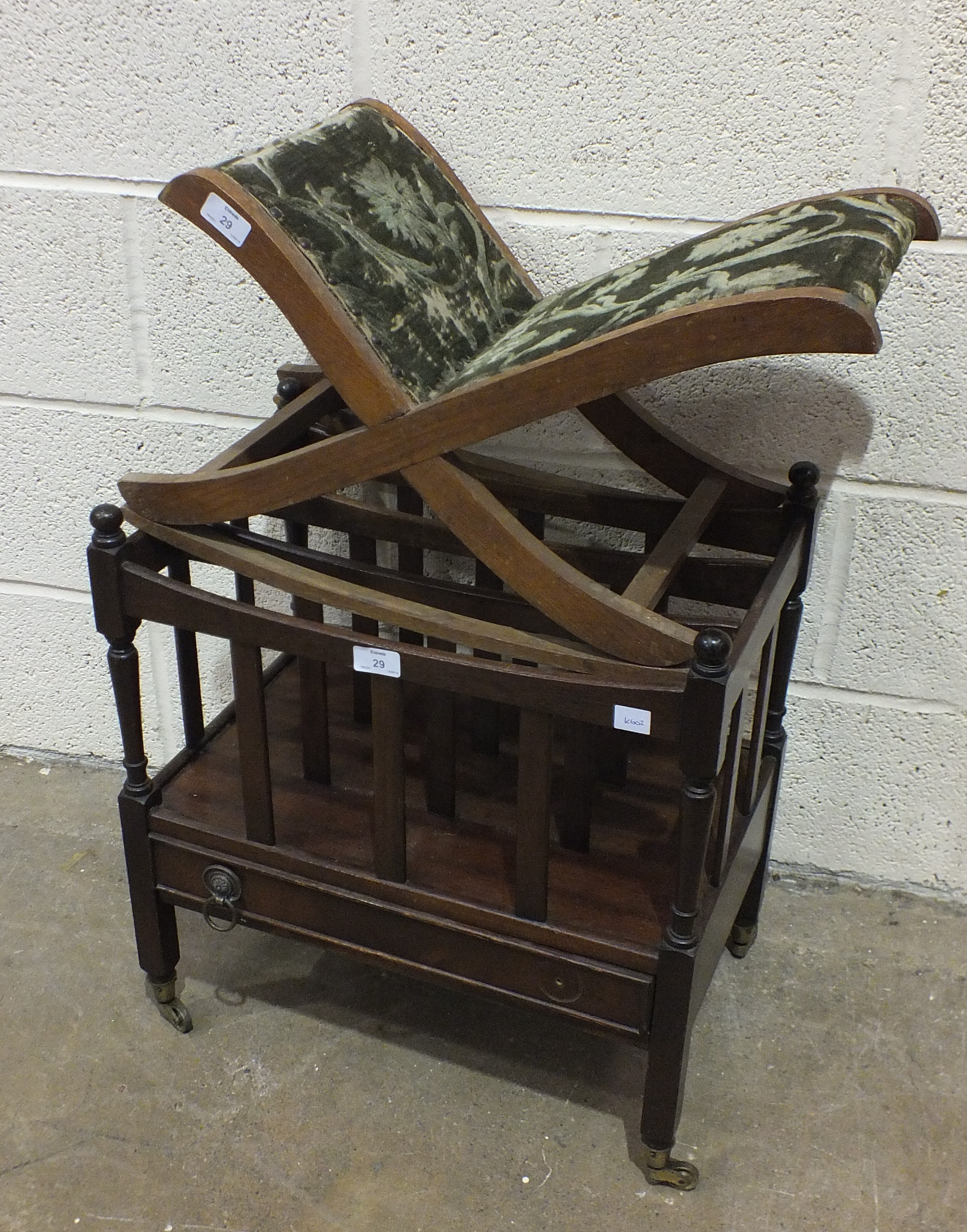 A modern mahogany frame music Canterbury and a foot stool, (2).