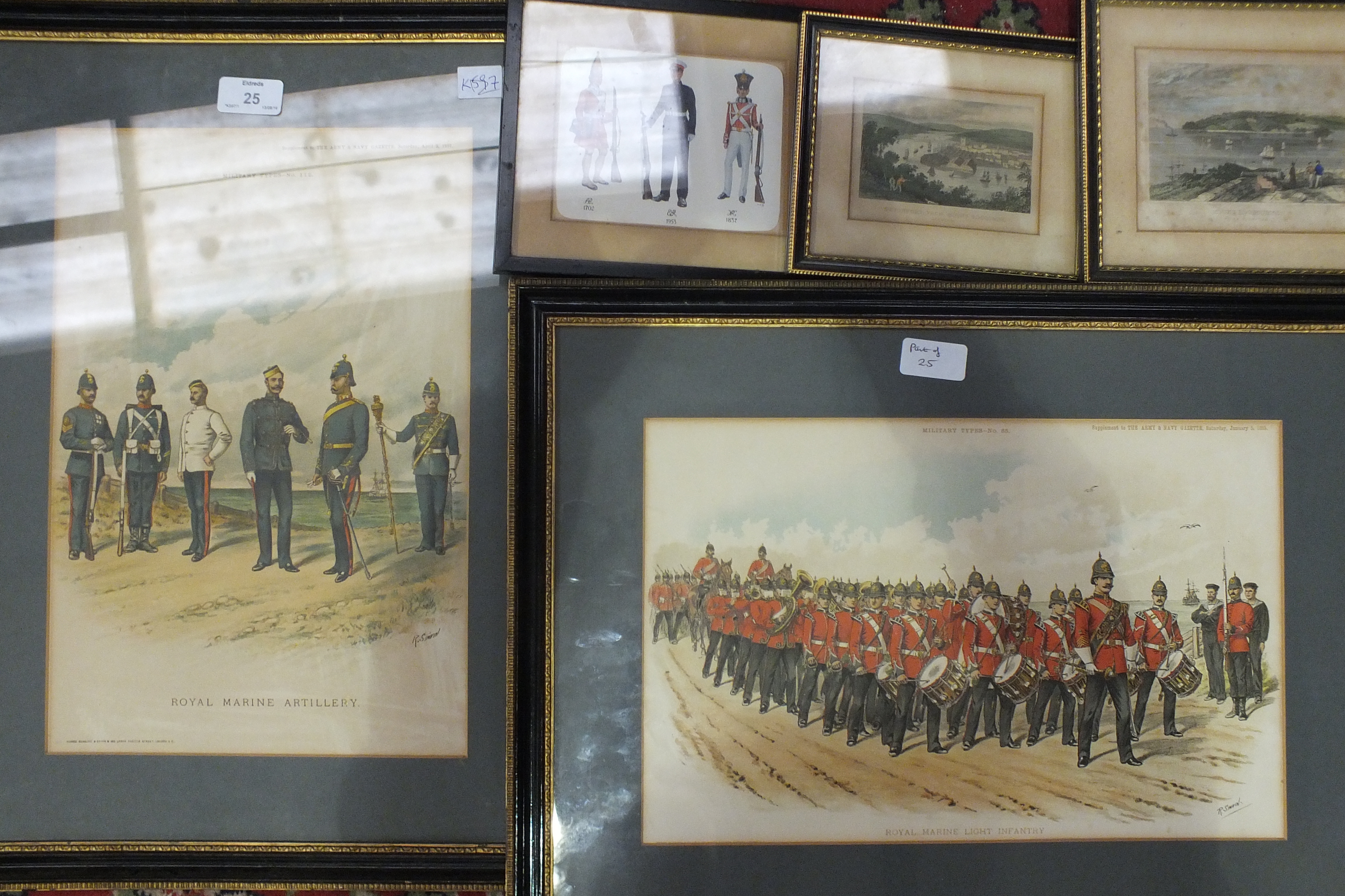 Two framed military prints after Simkin, two others and a small collection of coloured engravings of