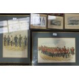 Two framed military prints after Simkin, two others and a small collection of coloured engravings of