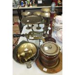 A Victorian ebony-handled brass and iron trivet stand, various Indian inlaid-brass export ware and