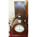 An inlaid mahogany-cased striking mantel clock, 24cm high, (a/f), a leather Masonic case and other