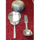 A modern plated white metal Chinese hand mirror with jade-coloured stone handle, a Burmese white