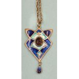 An enamel and white metal Art-Nouveau-style pendant on silver chain.