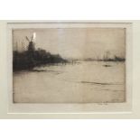 Joseph Gray, 'River scene with windmill', etching, signed in ink within margin, 12 x 16cm, another