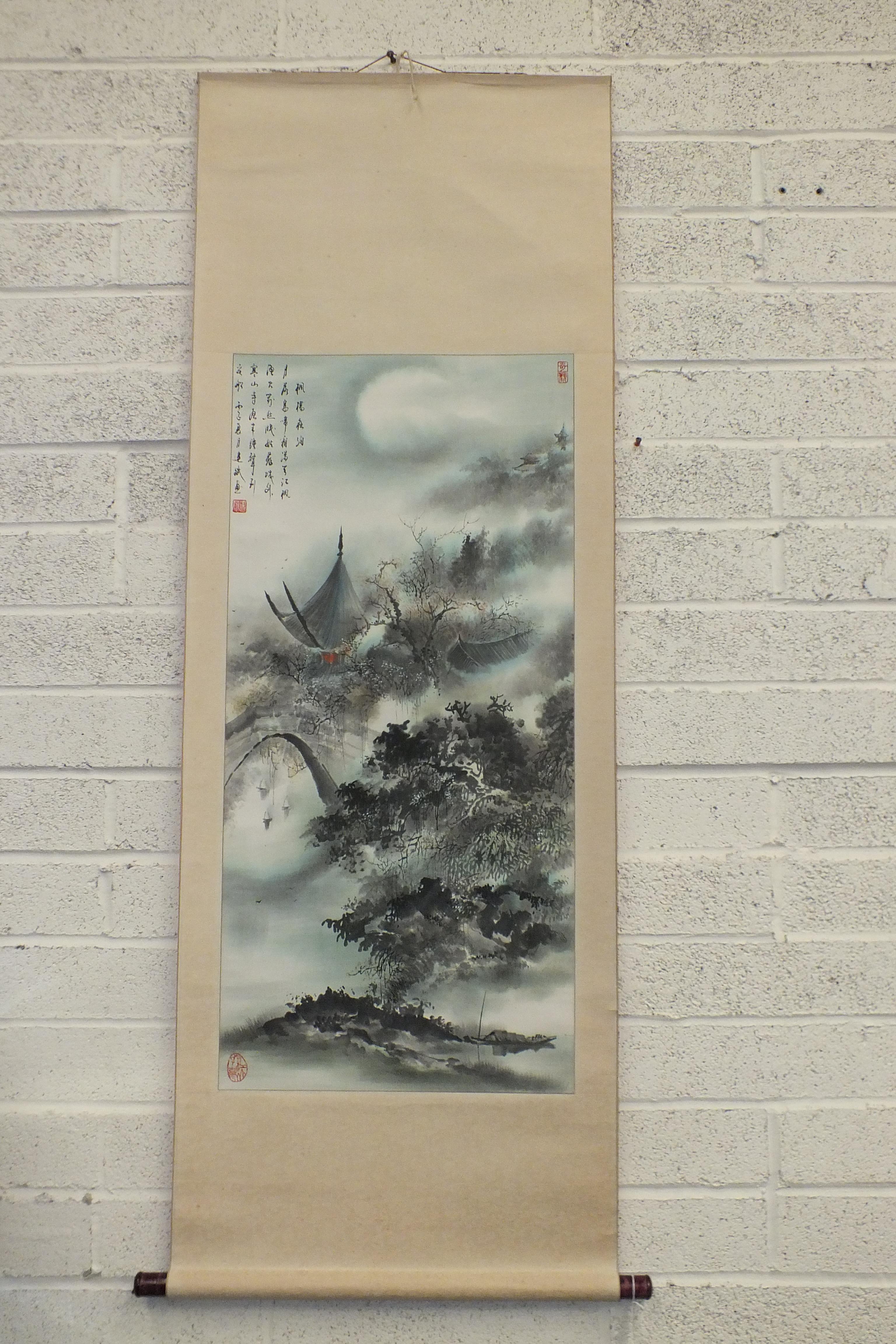 Three Japanese watercolours of landscapes in scrolls, each signed and with script images, 60 x 60cm, - Image 2 of 4