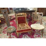 An oak spinning chair, an inlaid mahogany nursing chair and an Edwardian cord-seated chair, (3).