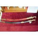 Two reproduction curve-bladed swords in scabbards marked 'Made in India', 82cm and 79cm blades, (