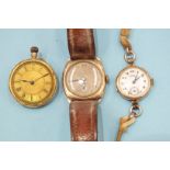 A gentleman's 9ct gold cushion-shaped wrist watch, the movement by Prestex, a lady's 9ct-gold-