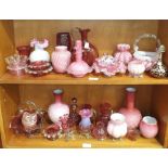 A large collection of cranberry, pink and white overlay glass and other glassware, (mainly a/f).