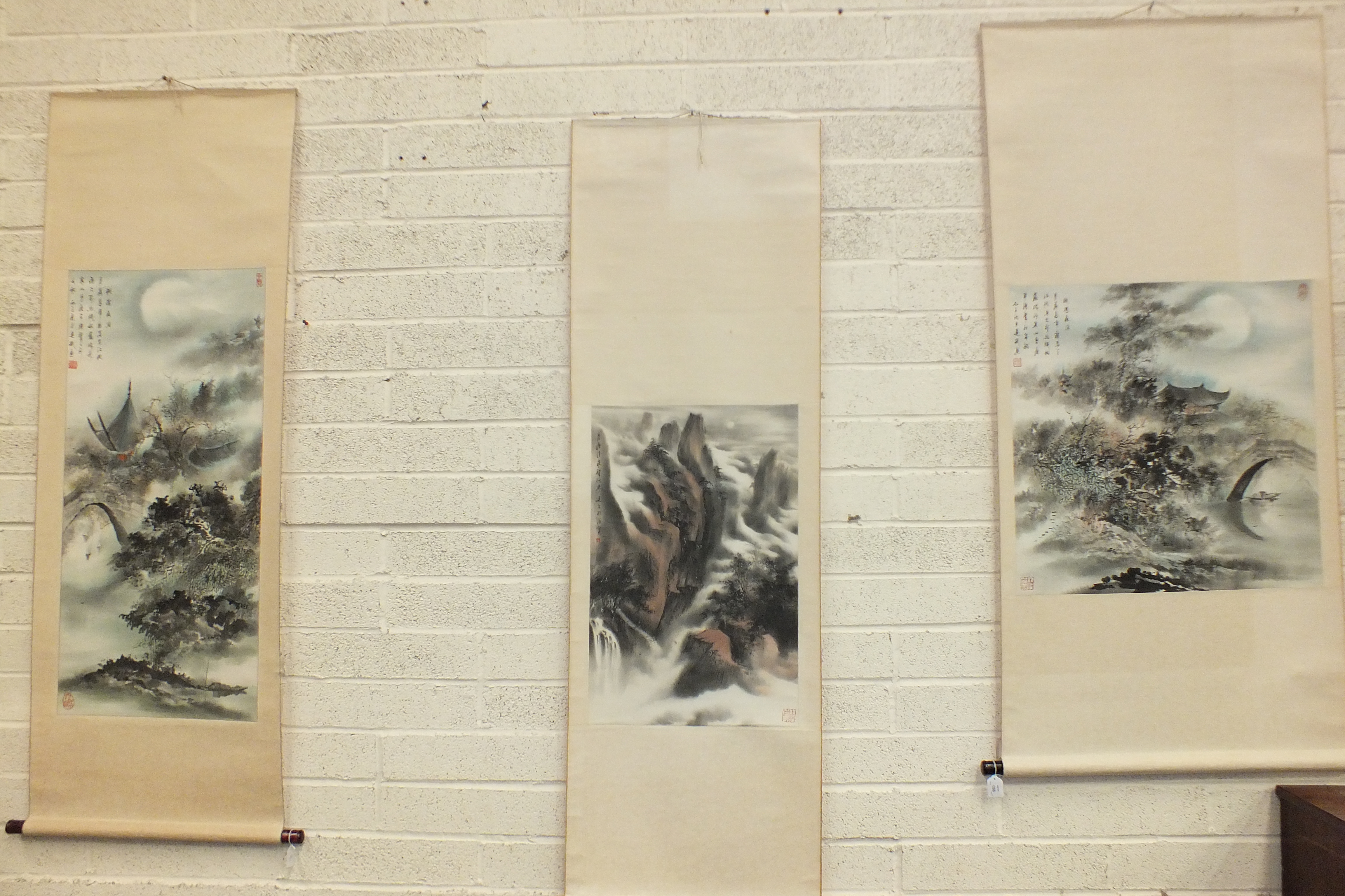 Three Japanese watercolours of landscapes in scrolls, each signed and with script images, 60 x 60cm,