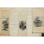 Three Japanese watercolours of landscapes in scrolls, each signed and with script images, 60 x 60cm,
