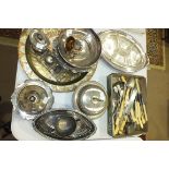 A plated hors d'oeuvres dish complete with glass dishes and other metalware, cutlery, etc.