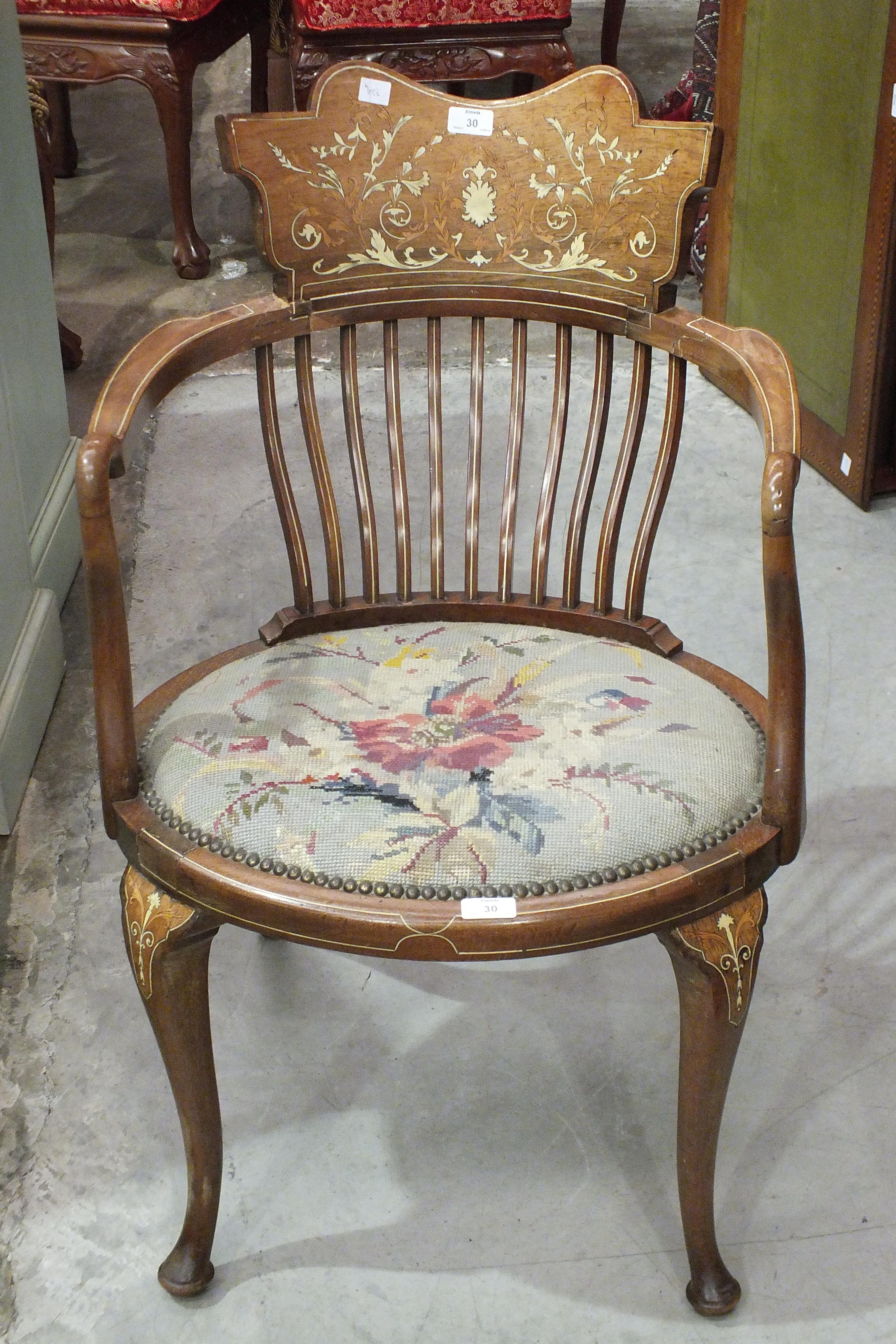 A late-Victorian mahogany tub chair inlaid with boxwood and ivory, (a/f).