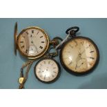 A gold-plated Elgin hunter-cased keyless pocket watch and two silver-cased open-face pocket watches,