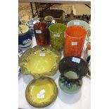 A collection of ten pieces of coloured Strathearn decorative glass, including a fruit bowl with
