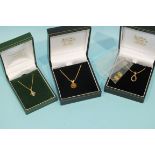 Three gem-set 9ct gold pendants on chains, (one a/f) and two small gold rondels, gross weight 7.