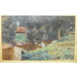 M Smythson (19th century), 'Ducks on a stream with barn in background', signed watercolour, dated