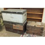 A stained pine tool chest, 91cm wide, a smaller metal-bound chest, 65cm and the upper section of a