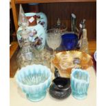 A pair of blue opaque glass vases decorated with flowers, 28cm high, a cut-glass decanter and