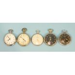 Ingersoll, five various steel-cased top-wind pocket watches.