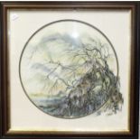 Iris Bowen Evans BA, 'Branches overhanging a river edge', signed circular watercolour on silk, dated