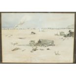 20th century, 'Dunkirk with military vehicles and fallen bodies', watercolour, indistinctly-