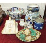 A Wedgwood-style blue and white jasperware biscuit barrel with plated lid and handle, 23cm high