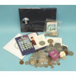 A small collection of British coins, including pre-1947 silver, 2 x Gill £5 notes, 5 x £5 crowns,