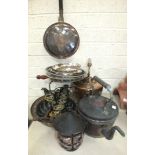 A large copper kettle, 36cm high, one other kettle, a circular copper bowl, a copper warming pan