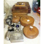 A collection of various wooden boxes, a Ronson's plated table lighter and other plated ware.