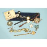 A lady's 9ct-gold-cased wrist watch, (a/f), on 9ct gold expanding bracelet and a quantity of costume