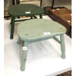 Two painted wood milking stools, 29cm wide, 21.5cm high, (2).