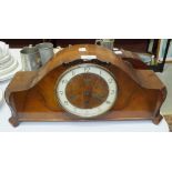 A Juba mahogany case chiming mantel clock, 21.5cm high, (a/f), one other timepiece, a vintage wooden