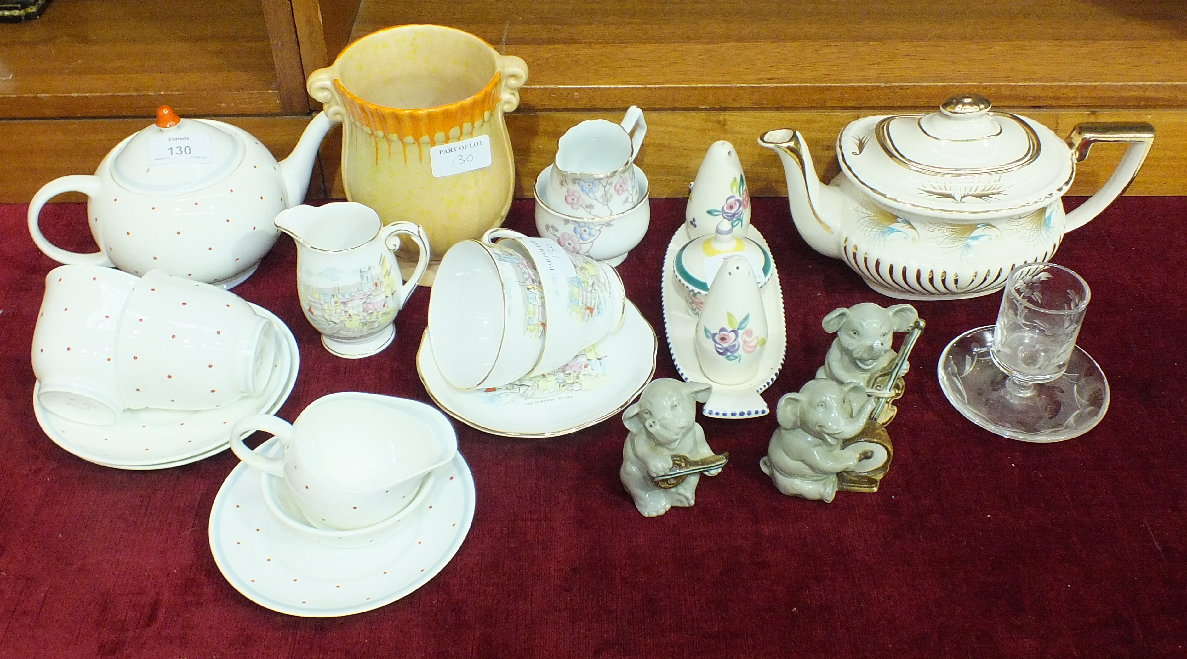 A Susie Cooper tea set for two decorated with red spots, a Poole Pottery cruet set, etc.