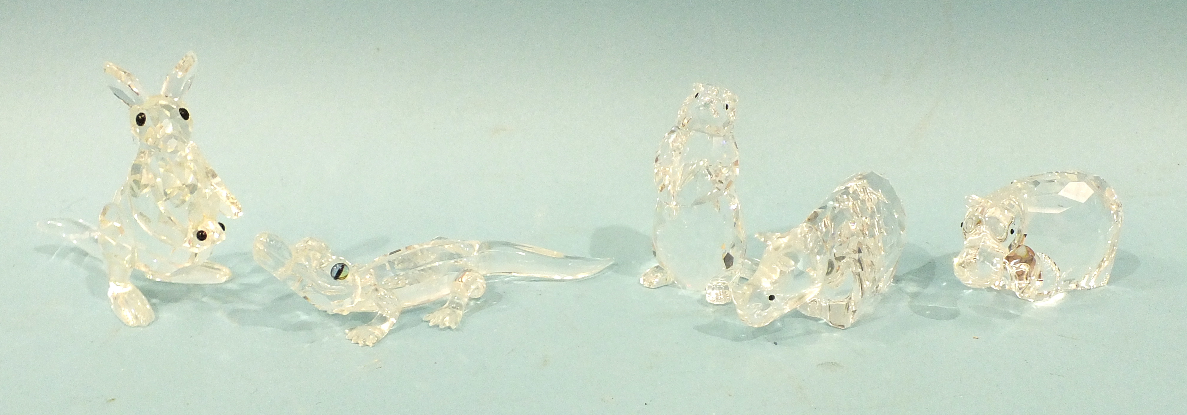 A collection of five Swarovski crystal models: a groundhog (tail lacking), a crocodile, a - Image 2 of 2