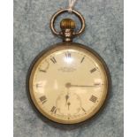 A silver-cased keyless pocket watch, the movement marked 'Selex', the white enamelled face a/f,