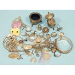 A quantity of silver and white metal jewellery and a silver cruet set, (a/f).