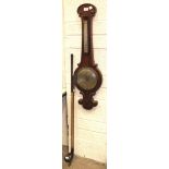 A 19th century mahogany barometer/thermometer, 90cm, (af), a wooden golf club and a putting iron.