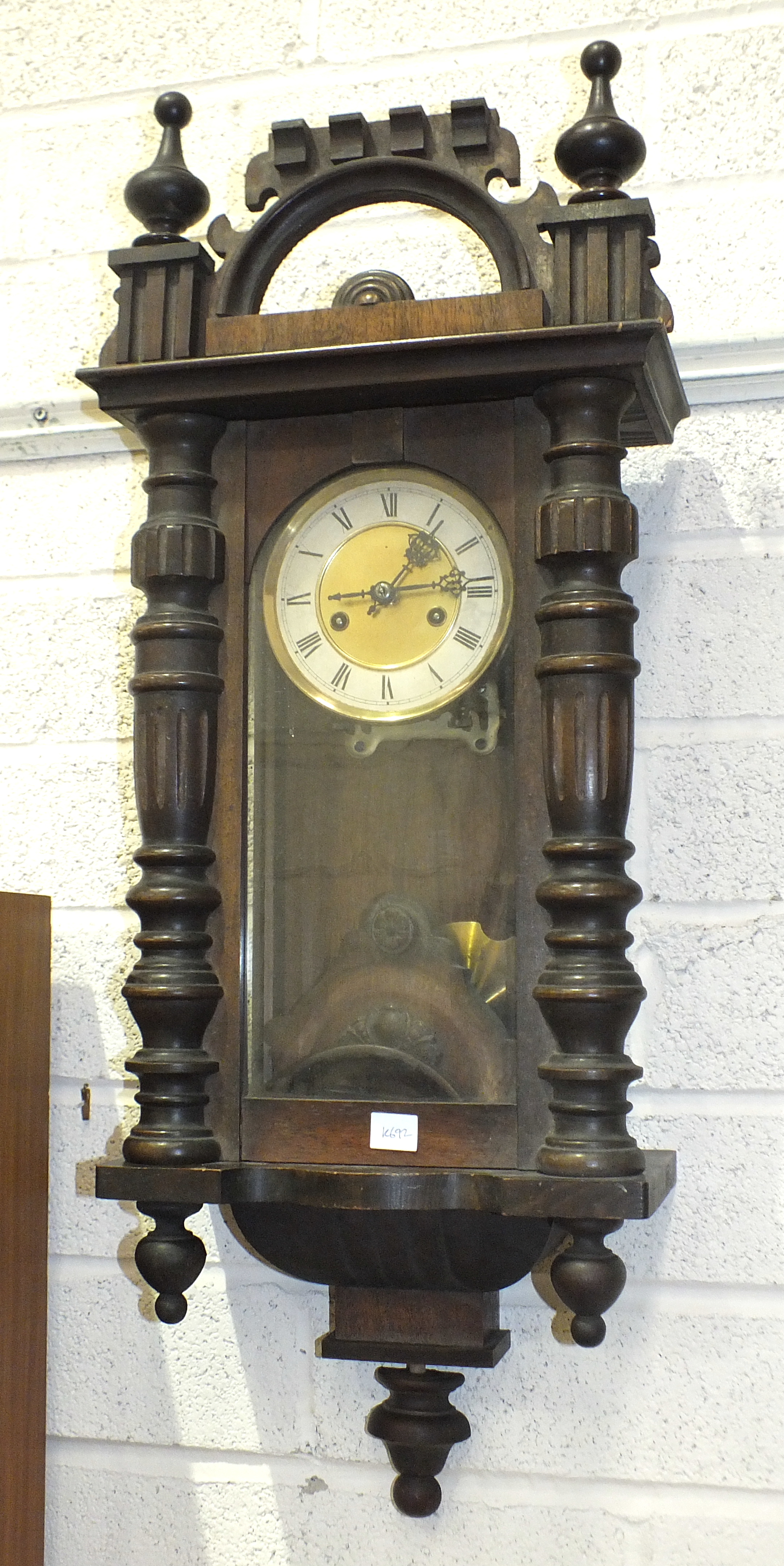 A stained wood Vienna-style striking wall clock, 90cm high, three mantel clocks, four various