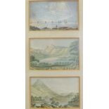 A set of three Baxter-style coloured prints of mountainous landscapes, each 5.5 x 9cm, framed as