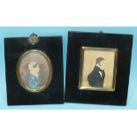 An unsigned oval miniature watercolour of a woman wearing a blue dress, 8 x 6cm and another of a