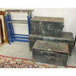 Three stained wood tool boxes, various hand tools, two Workzone folding stands, etc.