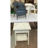 A child's Lloyd Loom armchair, a Lloyd Loom work table and a painted bentwood stool, (3).